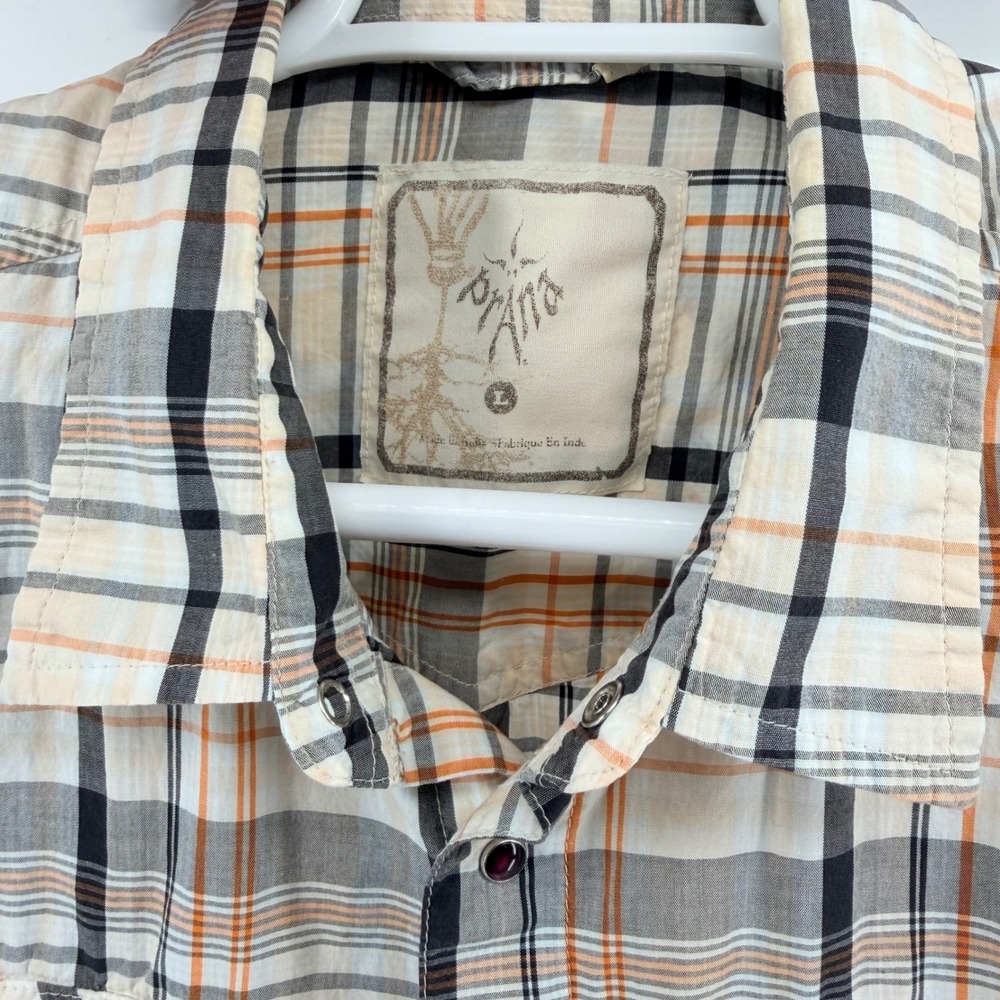 Prana Plaid Short Sleeve Pearl Snap Shirt Organic Cotton Western Large Orange - Picture 4 of 7